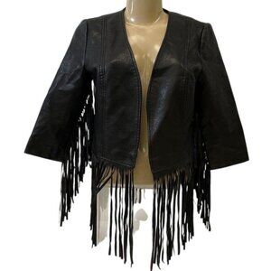 Glamorous S/M Jr Black Fringe Faux Leather Jacket Open Front 3/4 Sleeve RL10436